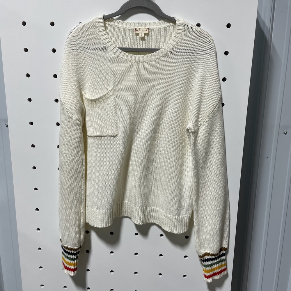 hem & thread Cream Knit Sweater with Striped Cuffs - Size S
